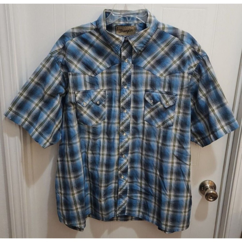Wrangler Western Fashion Plaid Short Sleeve‎ Pearl Snap Shirt Size 3XL Metallic